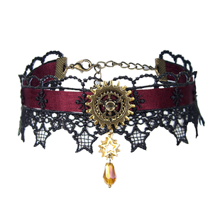 蒸汽大陆 蒸汽朋克圣诞星星暗红缎带黑白蕾丝choker脖圈颈饰项链