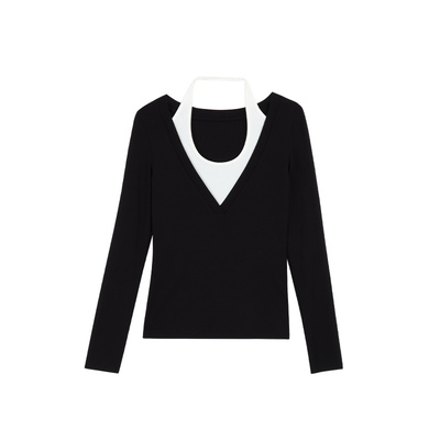 pusumede 时光交叠 撞色假两件针织T恤女设计感挂脖修身长袖上衣