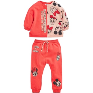 现货英国Next童装正品女童红色薄绒套头卫衣上衣+裤子套装运动服