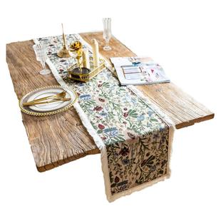 夏花复古油画流苏桌旗餐垫植物花卉餐边柜旗长条装饰盖布桌布床旗