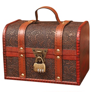 复古小木箱百宝箱中式收纳盒首饰藏宝箱带锁密码收藏盒木质手提箱