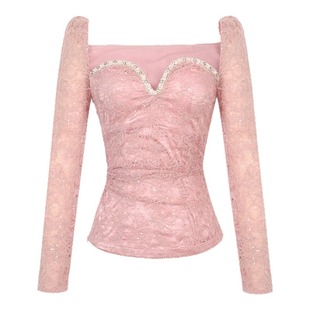 2025新款蕾丝打底衫钻镶嵌修身粉色仙女气质上衣春秋女装甜美爆款