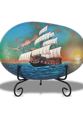 一帆风顺石头画玄关书房装饰摆件