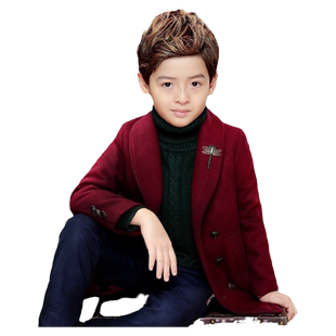 男童毛呢子大衣中大童外套男孩红色双牌扣学院风早春呢绒西装外套