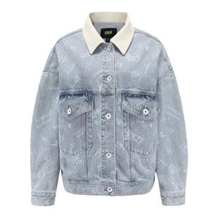 森马白色牛仔外套女撞色翻领印花夹克休闲秋潮流个性宽松衣服炸街