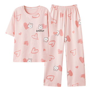 芬腾可安夏季薄款女士纯棉睡衣夏天短袖长裤可外穿甜美家居服套装