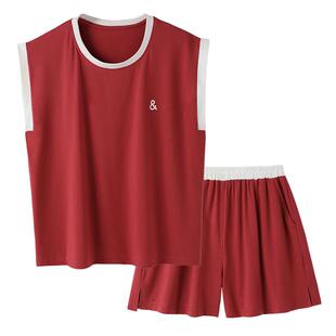 睡衣女士夏季莫代尔背心短裤薄款夏天红色冰丝凉感无袖夏款家居服