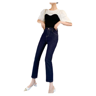 新八分裤女夏季薄款高腰直筒8分牛仔裤女小个子大码胖mm宽松显瘦