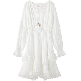 LAGOGO波西米亚风白色长袖连衣裙女拉谷谷2025秋冬新款蕾丝蛋糕裙