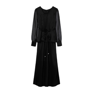 VIEA.ING薇迎黑色长袖连衣裙女2026春新款假两件收腰显瘦裙子长裙