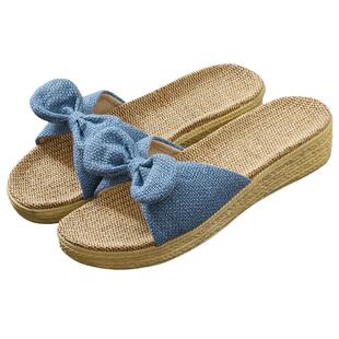 新款蝴蝶结高跟亚麻拖鞋女夏季家居家室内厚底防滑家用坡跟凉拖鞋