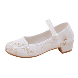 老北京布鞋低帮浅口中国风绣花鞋百搭新款一字带旗袍鞋中式高跟鞋