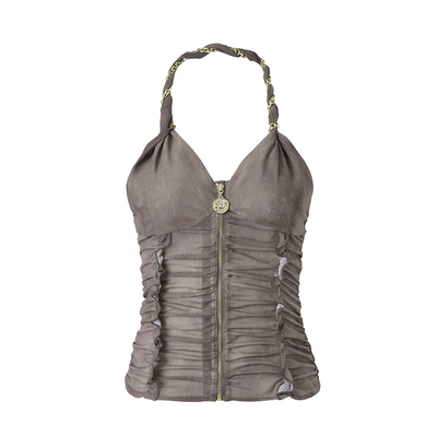 印花雪纺拼接网纱链条挂脖上衣