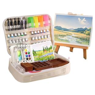 水彩迷你颜料盒小画板套装随身携带旅行盒固体水彩画套装全套胡桃木画画工具写生不透明颜料盒小本子收纳袋子