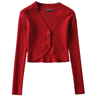 ina性感V高腰紧身显身材下摆不规则长袖针织小开衫百搭外穿短上衣