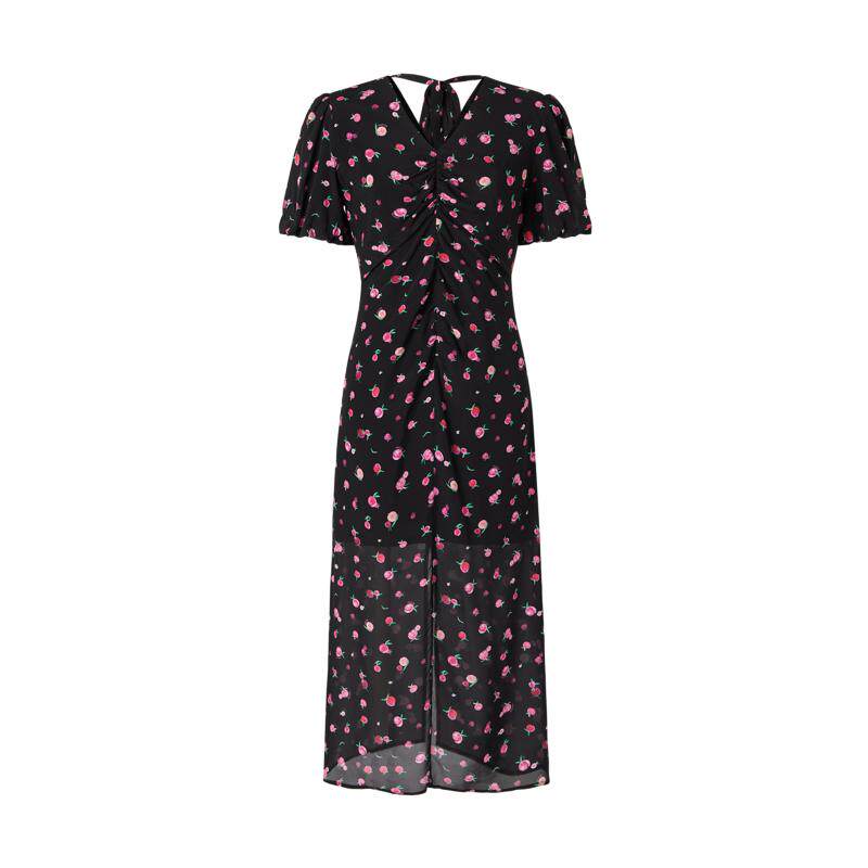 商场同款 摩萨克夏粘纤蚕丝混纺法式V领收腰印花显瘦连衣裙女