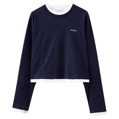 水云间藏蓝色长袖T恤上衣女宽松纯棉圆领卫衣假两件2025秋季新款