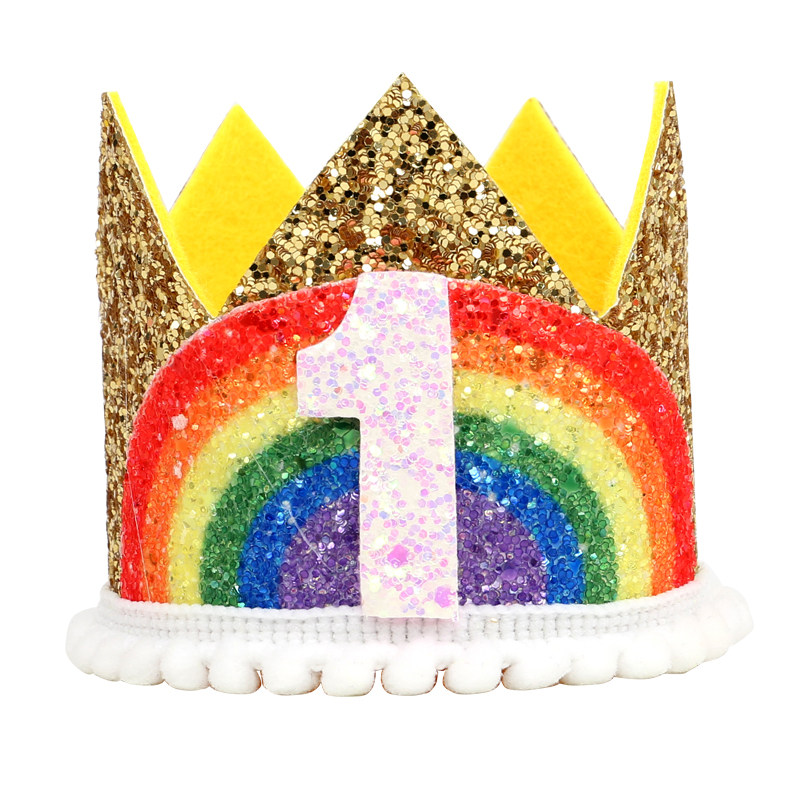 金色粉色新款彩虹皇冠儿童生日派对帽子周岁抓周影楼拍照道具头饰