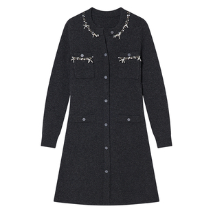 Goodland美地灰色气质法式钉珠针织连衣裙短款修身LC34506557