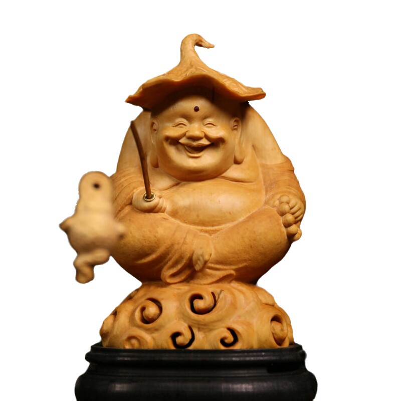 居舍黄杨木雕纯手工弥勒钓金蟾