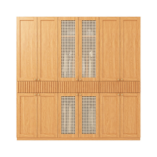 政补分段式实木藤编衣柜家用卧室现代简约橡木色小户型收纳大衣橱