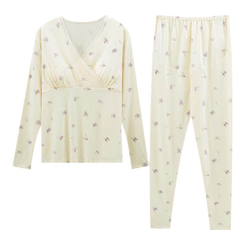 纯棉秋衣秋裤套装孕妇带胸垫月子服春秋季产后产妇哺乳睡衣秋冬款