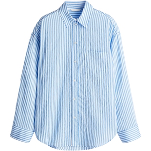 HM女装衬衫春季翻领长袖简约空调衫条纹印花上衣1239275