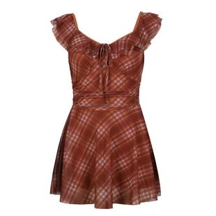 DK轻奢连体泳衣女泡温泉微胖遮肉显瘦裙式保守格纹高级感2025新款