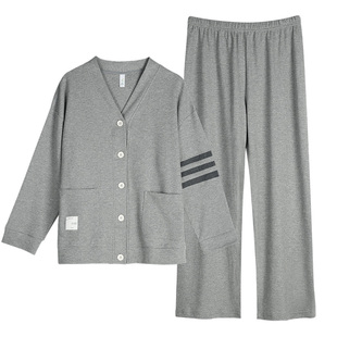 轩靓情侣睡衣女春秋季华夫格纯棉长袖四季通用时尚男士家居服套装