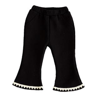 婴儿裤子秋冬一体绒加厚坑条纯棉宝宝长裤保暖纯色女童喇叭裤洋气