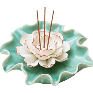 陶瓷莲花线香盘底座三孔香插香托香炉家用供奉上香室内檀香炉薰炉