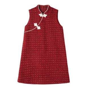 LittleNaive秋冬新款女童中国风旗袍红色新年衣服儿童背心连衣裙