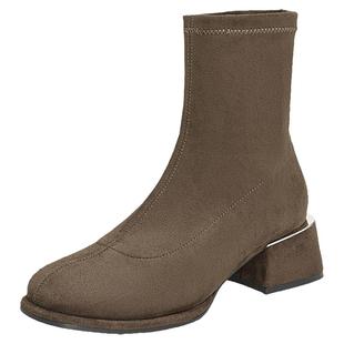 百思图冬商场法式绒面弹力瘦瘦靴加绒粗跟女短靴E0283DD4Z