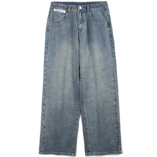 DAL 宽松直筒牛仔裤男2026新款水洗做旧复古蓝高街阔脚裤休闲长裤