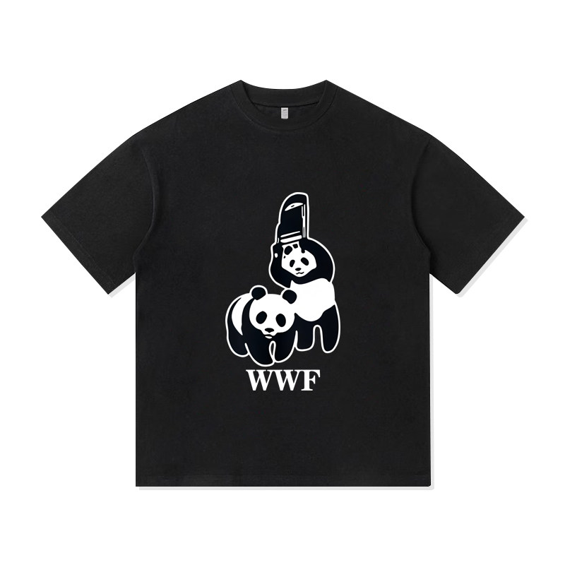 趣味WWF熊猫恶搞美国职业摔角小众设计印花纯棉短袖T恤衫男装潮牌