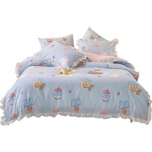 直播多喜爱荷叶边卡通可爱风花卉全棉三四件套夏季床单被套儿童