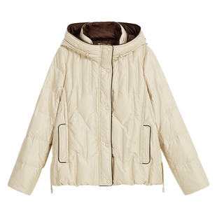 YINER音儿专选2025冬季新款法式柔光缎面撞色立领连帽保暖羽绒服