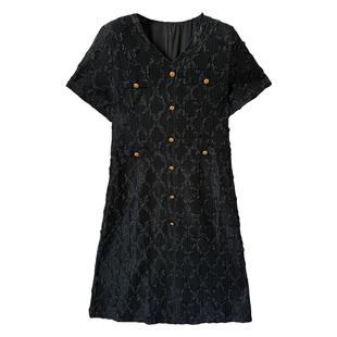 心存真立体提花香风v领裙2025夏新款大码胖mm宽松显瘦遮肚连衣裙