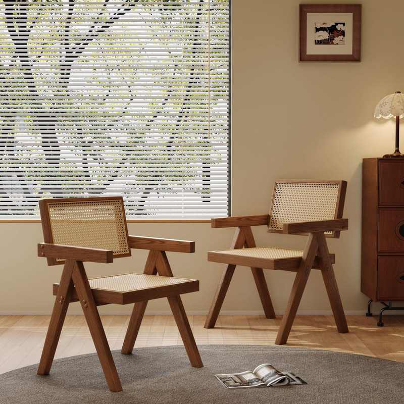 北欧客厅餐椅昌迪加尔民宿餐椅靠背中实木餐饮店家用藤编餐椅古风