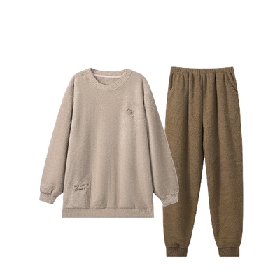 2025新款半边绒睡衣男士秋冬季加厚珊瑚绒长袖青少年男生冬天套装