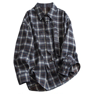 撞色格纹翻领宽松廓形系领带长袖衬衫可配一整套休闲裤女套装Q904