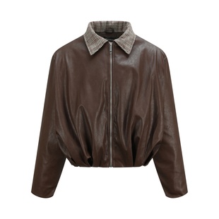 OaOO千鸟格拼接翻领拉链皮衣bomber秋冬工装机车服高级感休闲外套