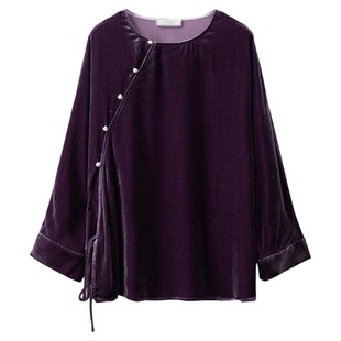 丝艺圆领珍珠扣国风斜门襟真丝丝绒系带长袖上衣女宽松显瘦桑蚕丝