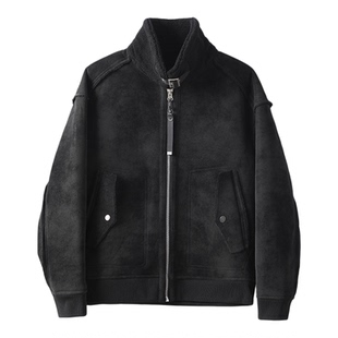 LUUD 冬季男士羊羔绒内里可调节领口夹克复古拉链装饰麂皮绒外套