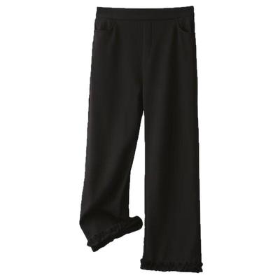 高腰弹力花边休闲直筒裤