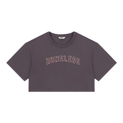 BONELESS短款贴布刺绣短袖复古纯棉辣妹露脐上衣圆领宽松夏季T恤