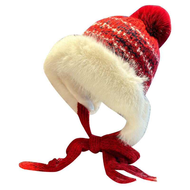 2025新款冬季毛绒护耳帽子女加厚保暖针织雷锋帽毛球百搭防寒帽子