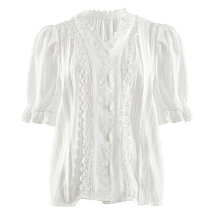衣纱布菲冰樱 洋气白色蕾丝上衣女夏装泡泡袖别致雪纺衫