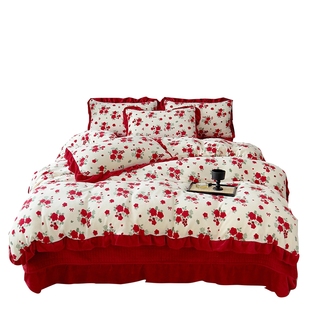 俞兆林加厚牛奶绒床盖四件套冬季保暖4件套珊瑚绒韩版花边四件套