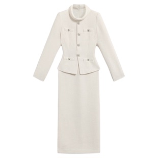 冬季新款女装象牙白长袖粗花呢修身假两件连衣裙漂亮气质大方长裙